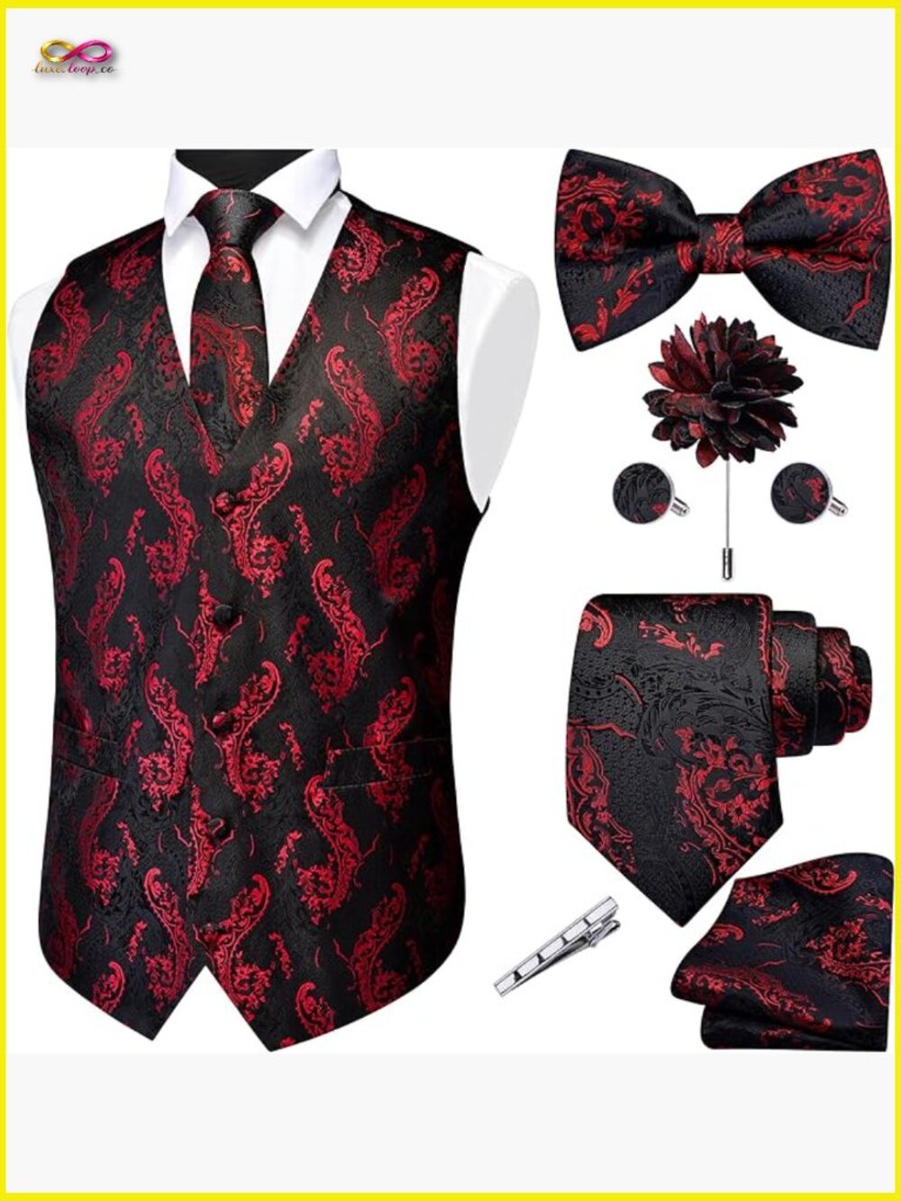 Paisley Jacquard Tie Vest Set Formal Wedding Elegant Classic 7 Piece